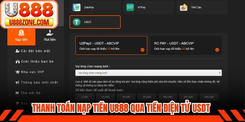 Thanh toán nạp tiền U888 qua tiền điện tử USDT